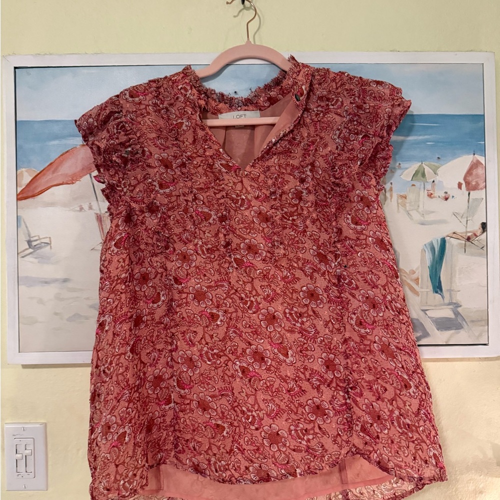 LOFT Floral Ruffle Pink Blouse